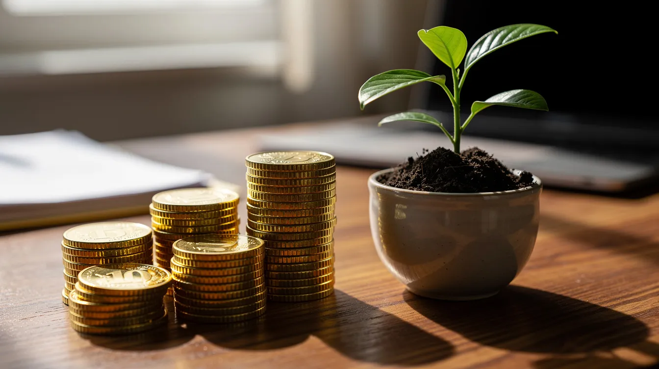 The image features stacks of coins arranged neatly next to a small potted plant, symbolizing the potential for economic growth and the nurturing of a new business venture. This scene is set on a wooden desk, reflecting the entrepreneurial process and the aspirations of small business owners.