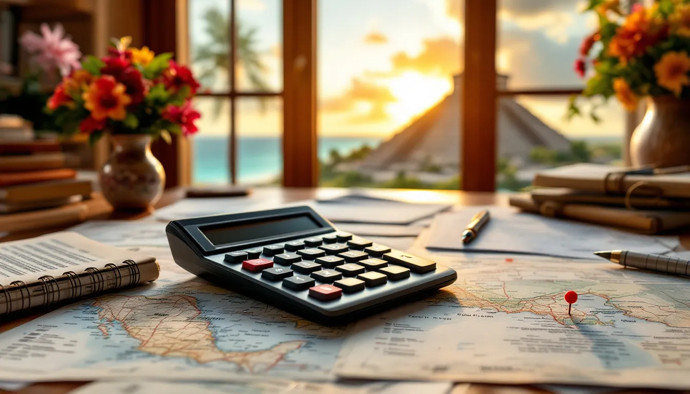 A calculator and financial documents representing the financial considerations of purchasing property in Mexico.