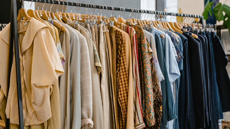 Viscose clothes hanging on hangers in a clothing store
