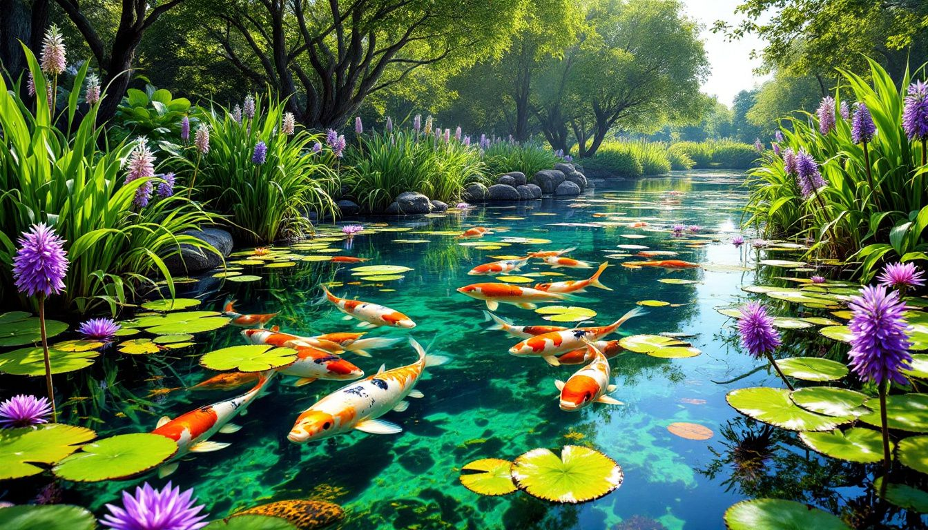 A serene koi pond with lush plants, showcasing the harmony between koi fish and aquatic plants.