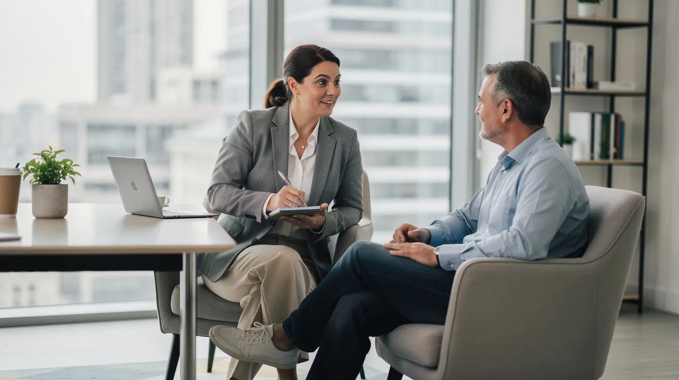 A professional coach engages in a one-on-one session with a client in a modern office, focusing on personal growth and career transition strategies. The setting reflects a commitment to business coaching, emphasizing leadership skills and the pursuit of achieving professional goals.