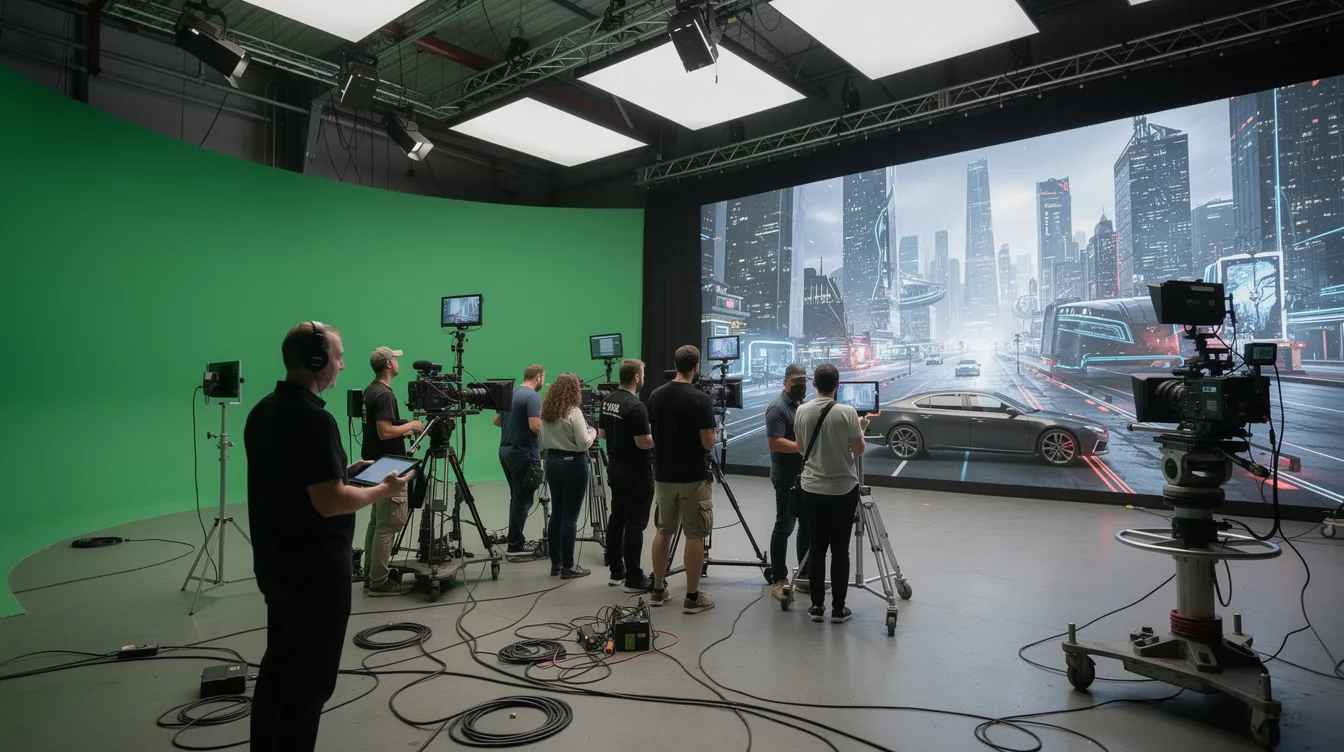 Das Bild zeigt ein modernes Filmset mit einem Greenscreen und einer LED-Wand, auf dem ein Team von Filmproduktionsunternehmen an einer virtuellen Produktion arbeitet. Menschen sind damit beschäftigt, die Kamera auszurichten und die technischen Einstellungen vorzunehmen, während sie ihre kreativen Ziele verfolgen.