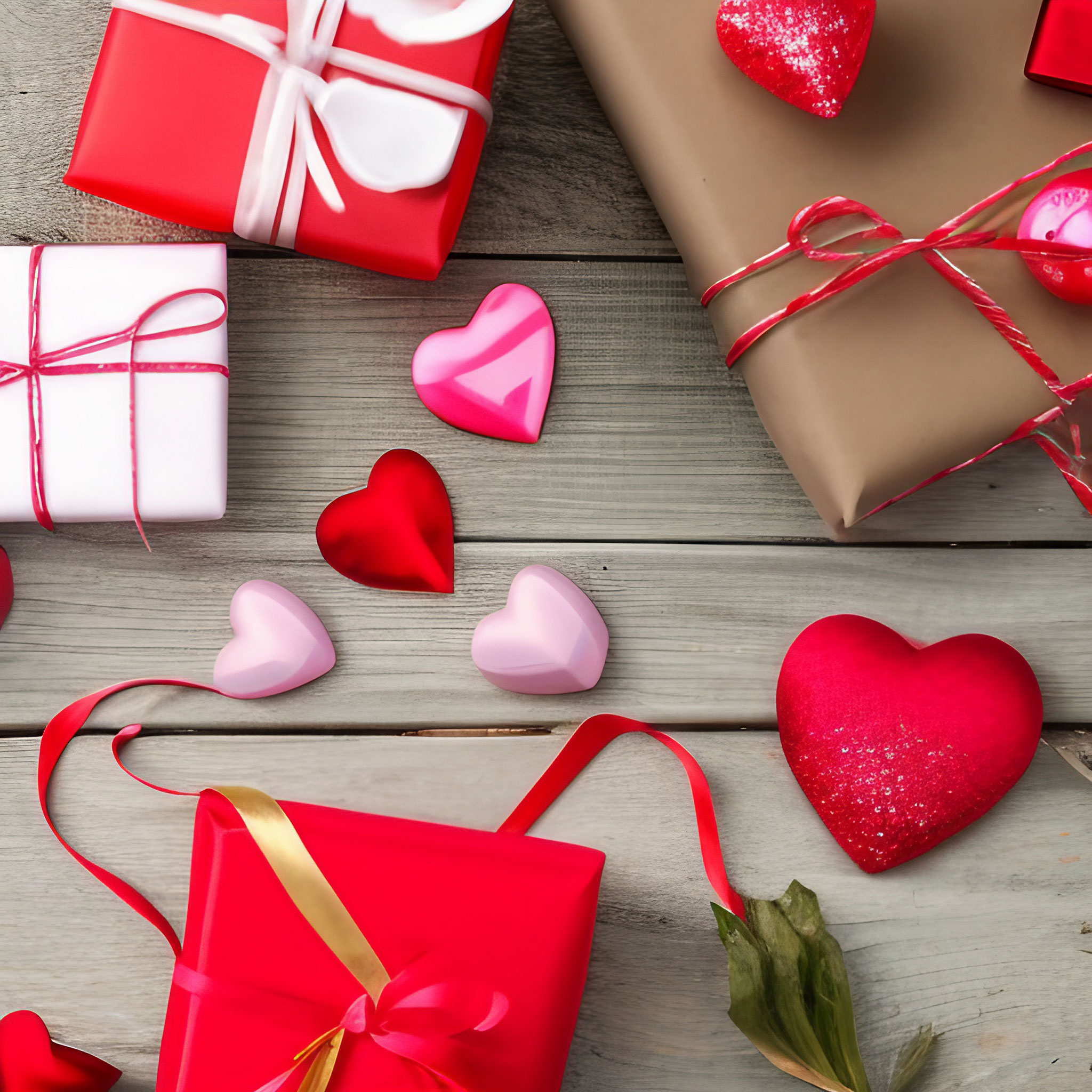 Valentine's Day Gift Packaging for gold jewelry, chocolate candy, soap bar, or other gifts with pink and red hearts on a wooden table 