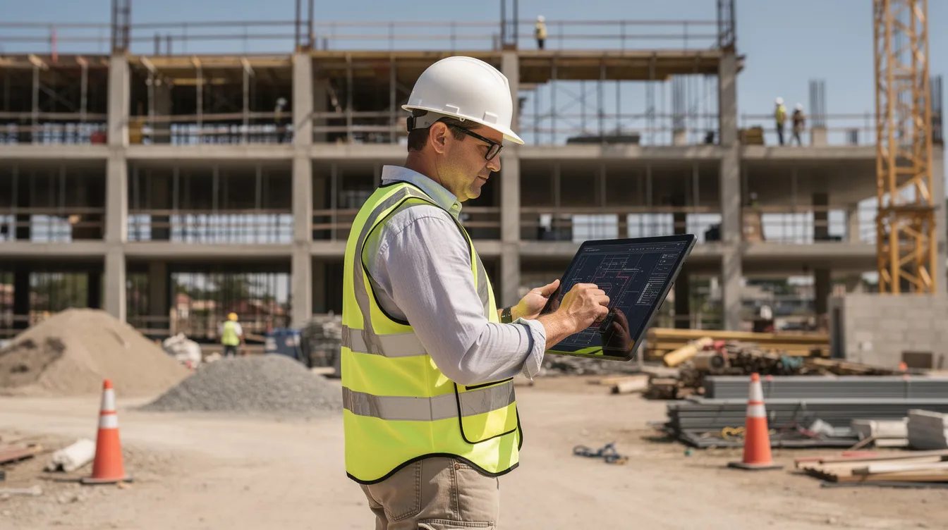 Project manager reviewing plans on a tablet at a construction site.