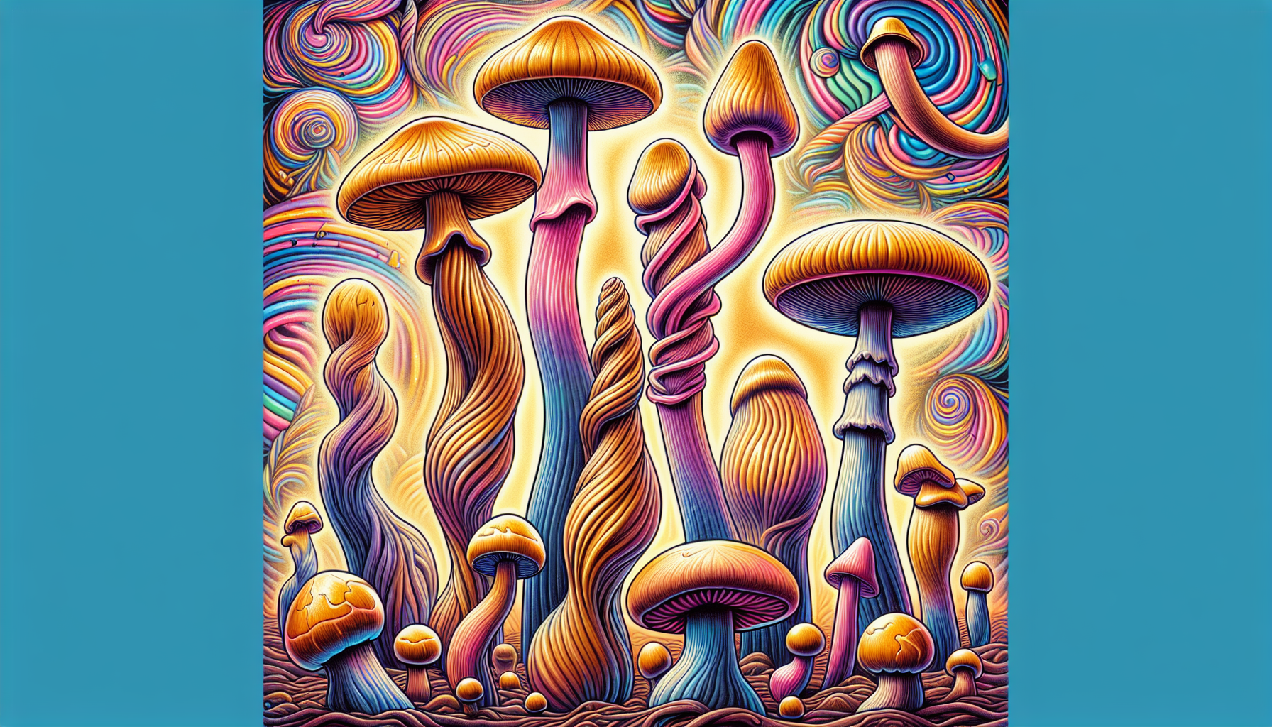 Illustration of Wavy Caps and Penis Envy mushrooms