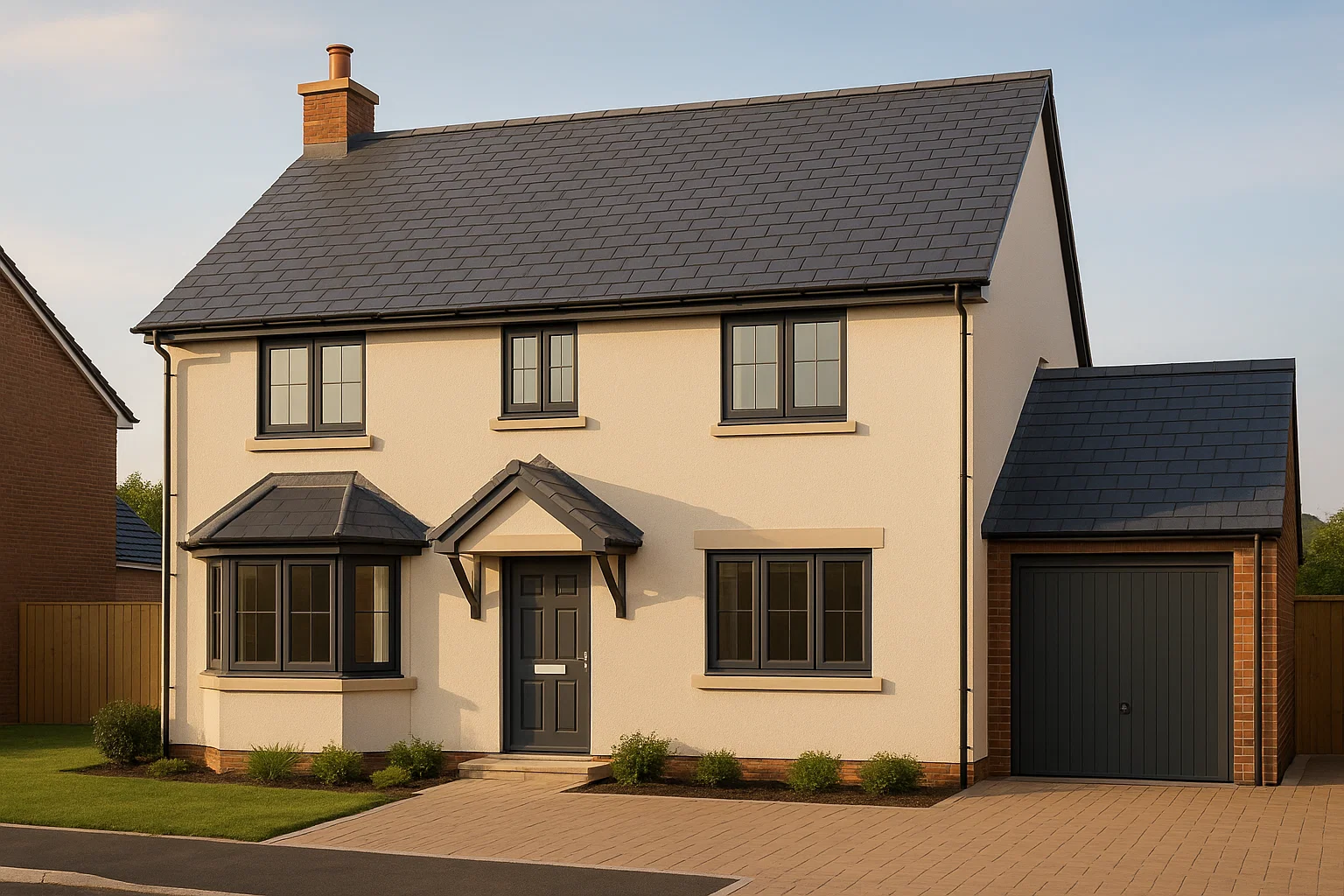 Newly replaced slate roof on a modern UK home showing high-quality workmanship and clean finish.