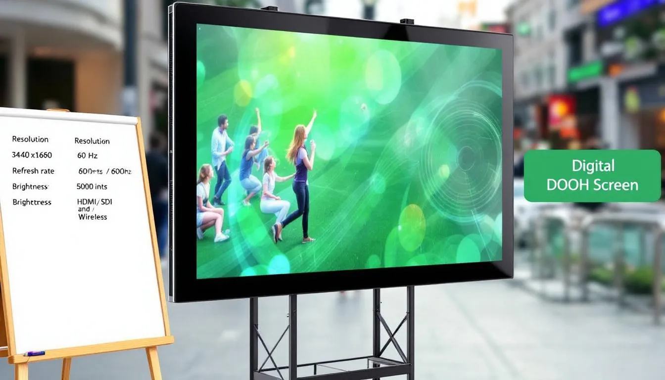 The image displays a detailed list of specifications and requirements for digital out-of-home (DOOH) screens, including information on resolution, format options like JPG and PNG, and audio capabilities. It serves as a comprehensive guide for understanding the maximum scale and length of outdoor digital screens.