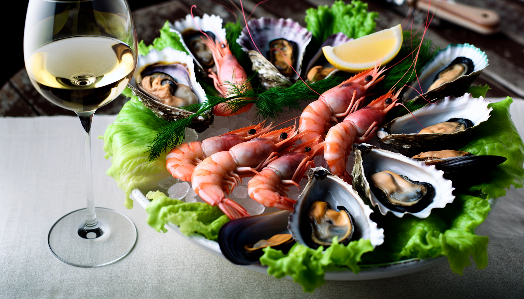 Freshly prepared seafood platter with a glass of white wine