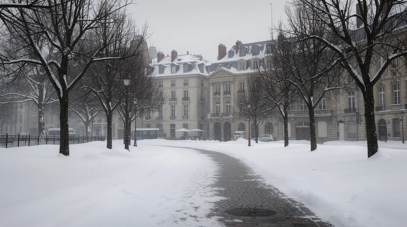 Uma paisagem europeia coberta de neve exibe árvores sem folhas e construções históricas ao fundo, evocando um ambiente sereno e invernal. A imagem sugere um contraste entre a beleza natural e a história marcada por eventos significativos, como os campos de concentração nazistas durante a Segunda Guerra Mundial.