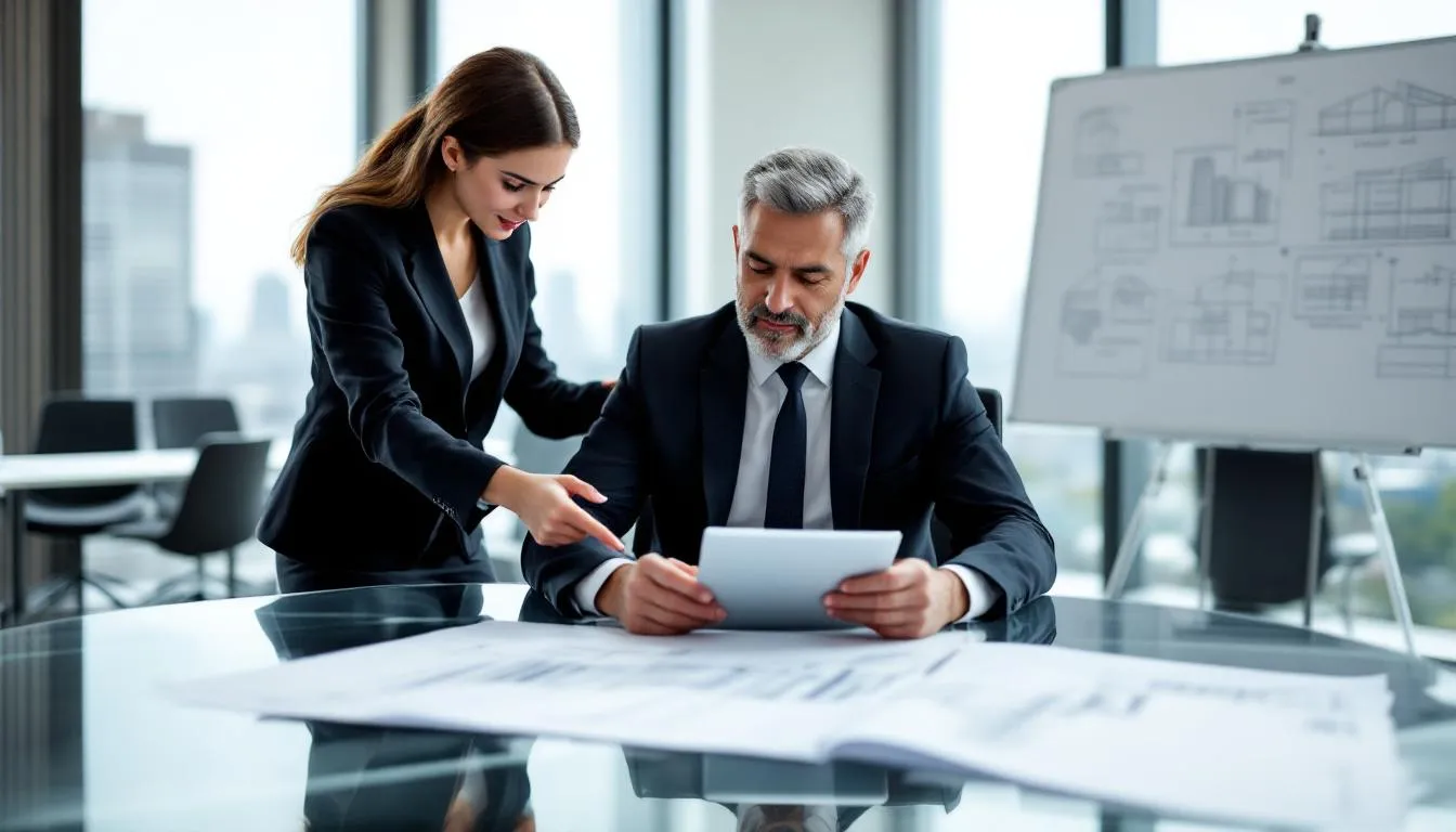 A professional architect is engaged in a detailed review of construction documents alongside an intern in a modern office setting, emphasizing the importance of project management and architectural practice. This interaction highlights the intern's development within an intern development program as they prepare for the architect registration exam and navigate the educational requirements for licensure.