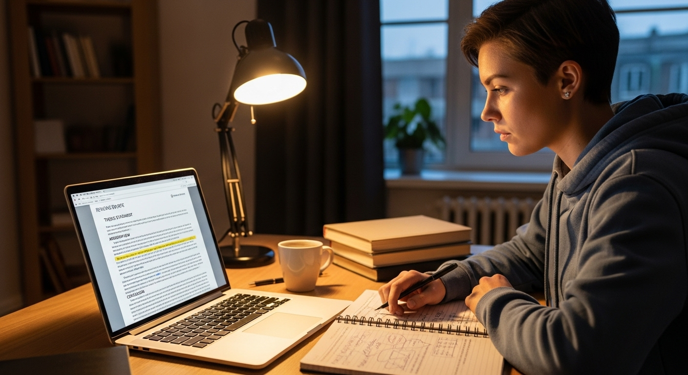 Student revising a paper starting with thesis and argument flow, then polishing grammar and formatting