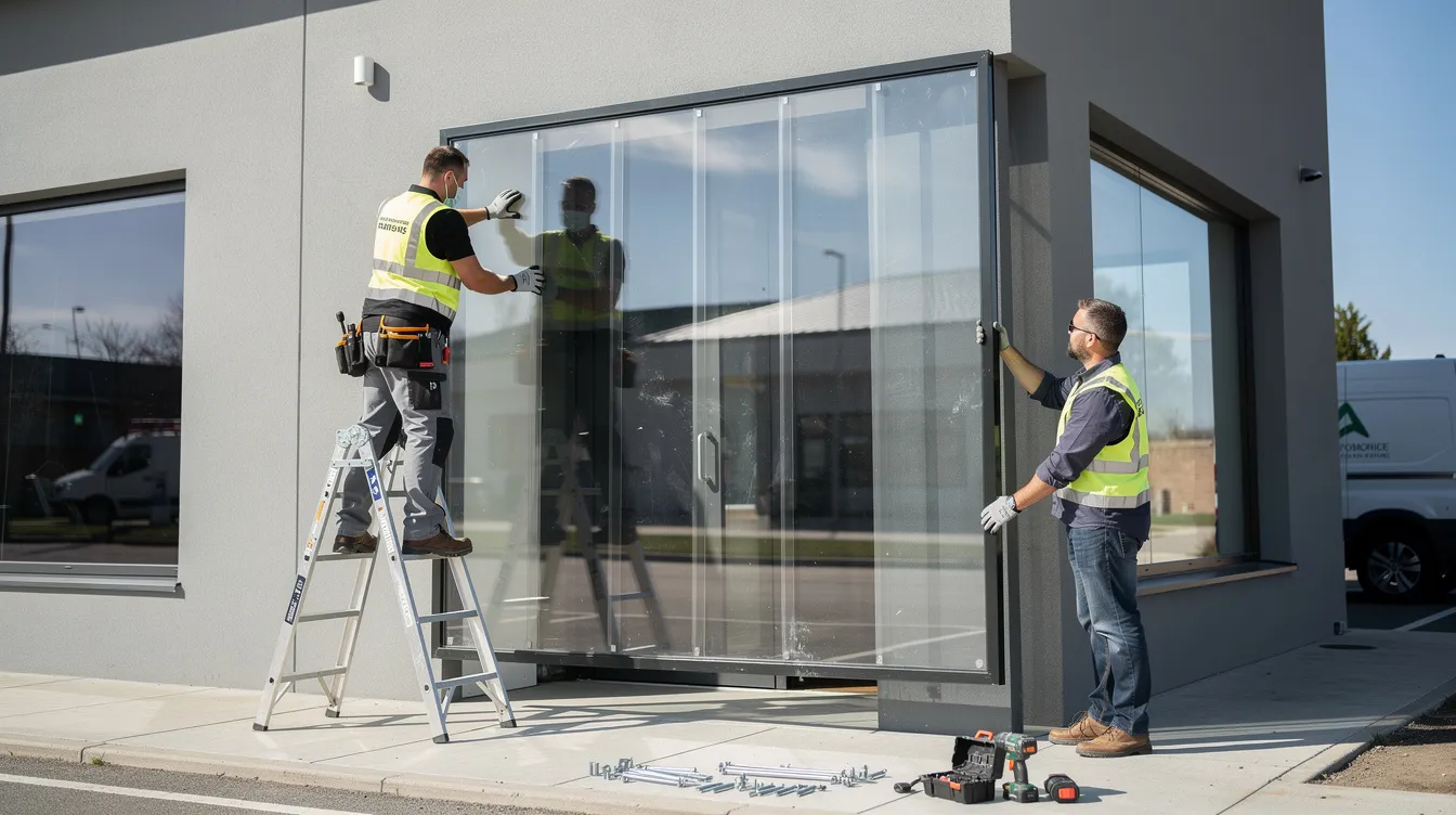 Two men are installing polycarbonate windows at a business, showcasing the lightweight and highly resistant material that offers durability and impact resistance compared to traditional glass. The installation highlights the benefits of upgrading to these transparent windows, which are ideal for industrial settings where safety and security are essential.