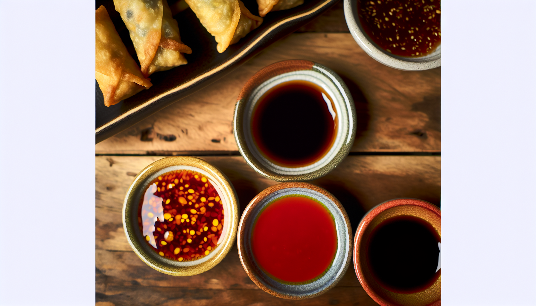 Assortment of small bowls with various dipping sauces for vegan egg rolls