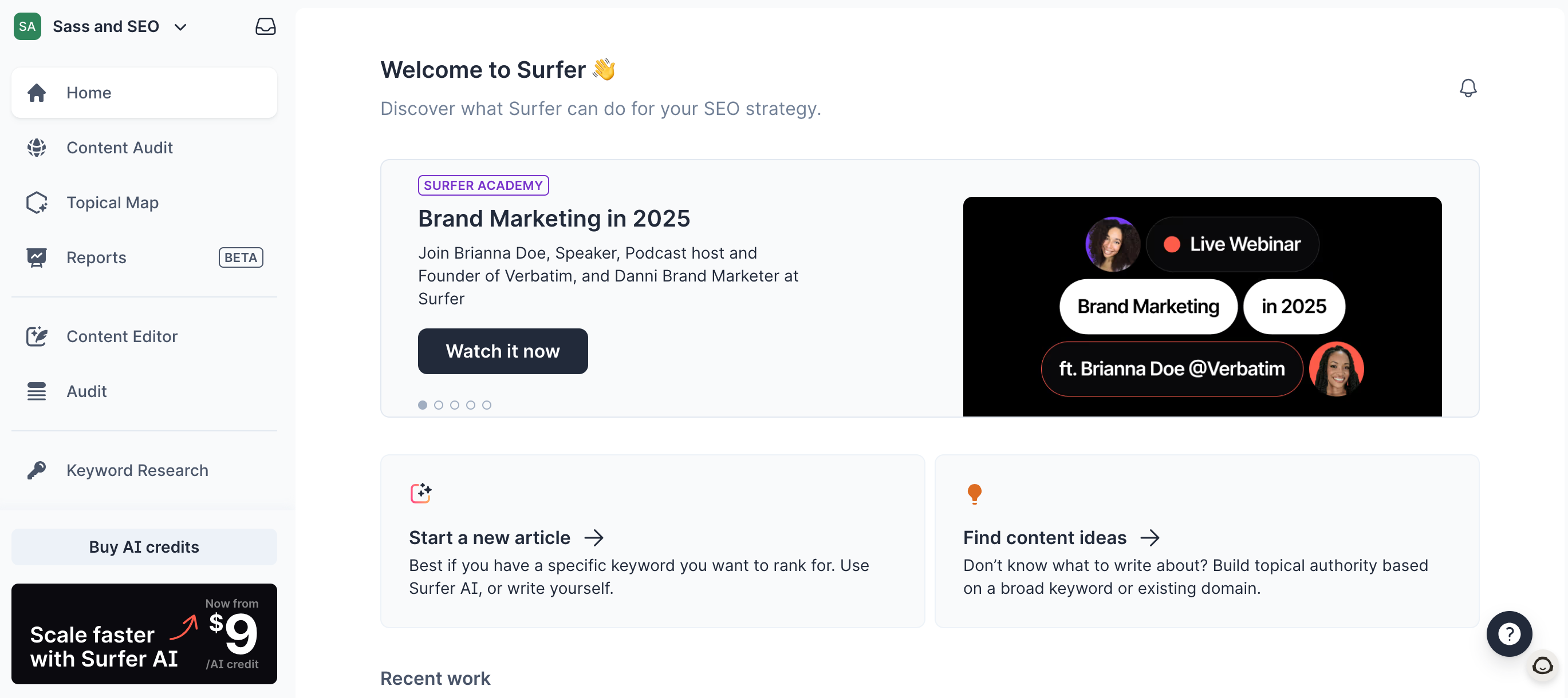 Surfer SEO homepage