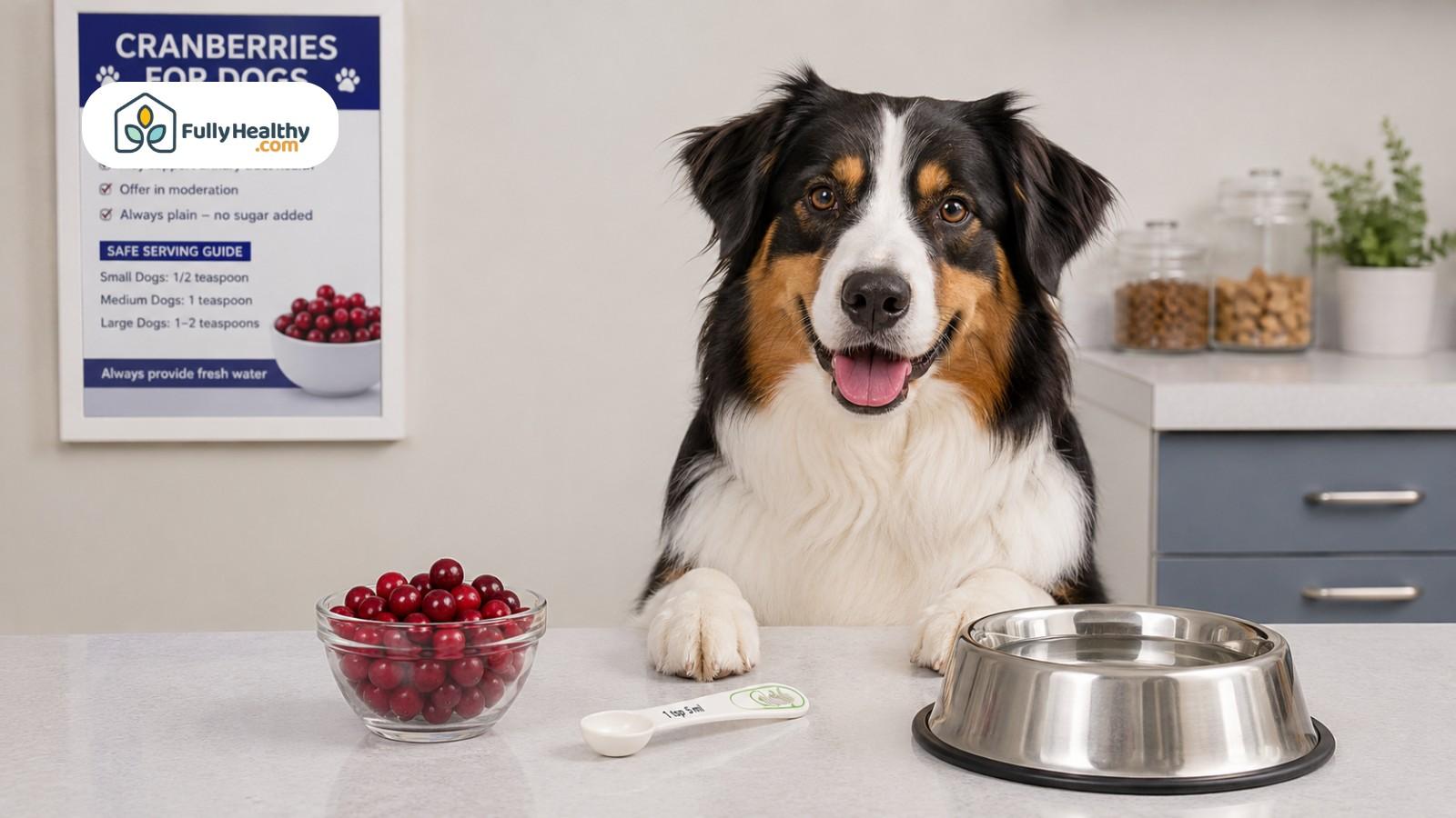 Dog nutrition setup with cranberries, measuring spoon, water bowl, and serving guide