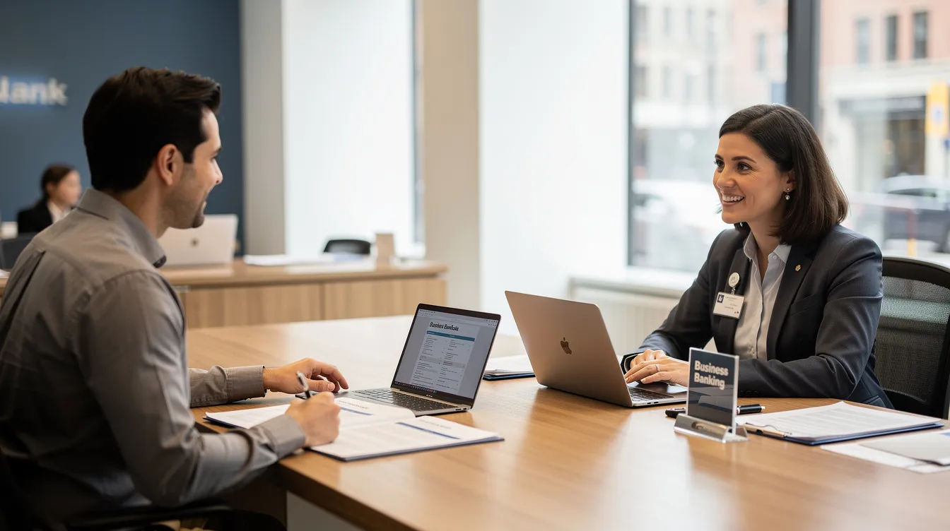b82eb55e cee6 457f b8e4 4a431e6f783c A small business owner is engaged in a conversation with a bank officer at a desk inside a bank branch, discussing potential options for business loans, including the Mudra loan scheme. The scene highlights the importance of understanding eligibility criteria and bank details for micro entrepreneurs seeking financial support.