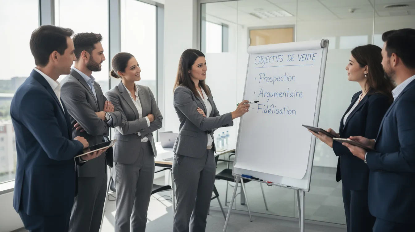 Une équipe commerciale est en formation pratique avec un coach, debout autour d'un paperboard. Ils discutent des techniques de vente et des stratégies pour conclure la vente, tout en échangeant des conseils sur la gestion des objections et la négociation avec les clients.