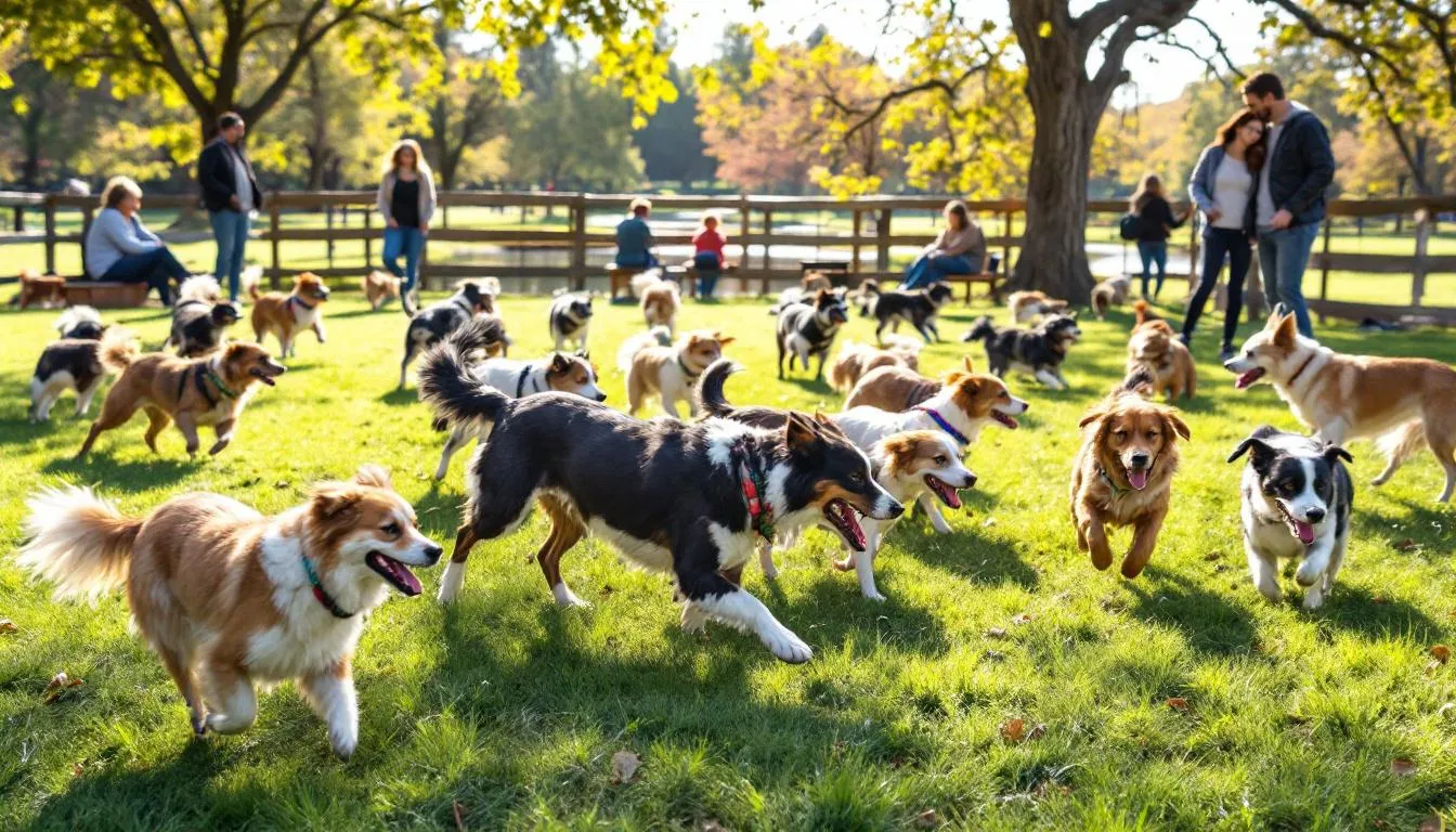 In a vibrant dog park, several dogs are joyfully playing together while their owners supervise, creating a lively atmosphere. The scene highlights the importance of monitoring canine interactions, especially considering the potential risks of canine influenza and other infectious respiratory diseases among dogs.