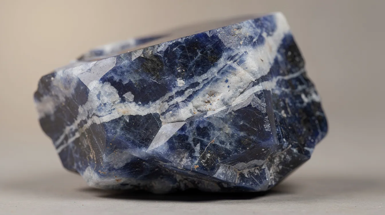 A close-up view of a raw royal blue sodalite crystal featuring striking white calcite streaks, set against a neutral background. This decorative stone, often associated with the throat chakra, showcases its rich blue color and unique texture, highlighting its metaphysical healing properties.