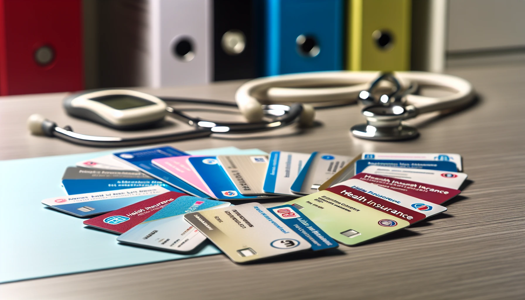 Health insurance cards with medical equipment in the background
