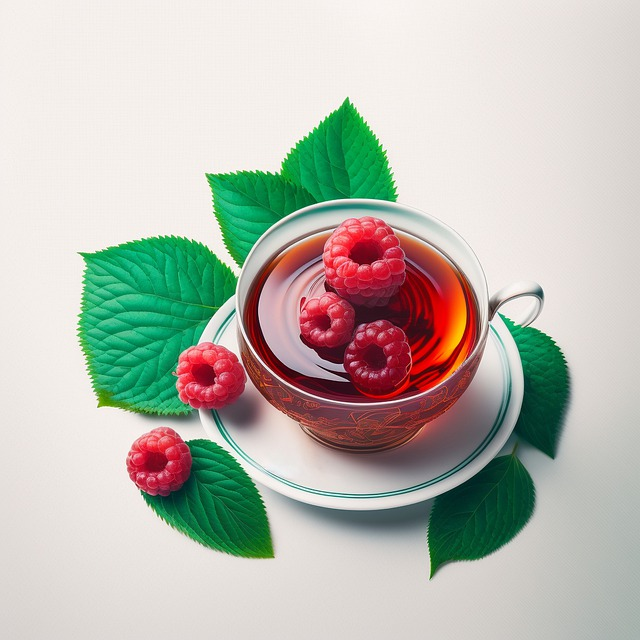 An image of a cup of raspberry tea with whole raspberries on top and on the side of the cup.
