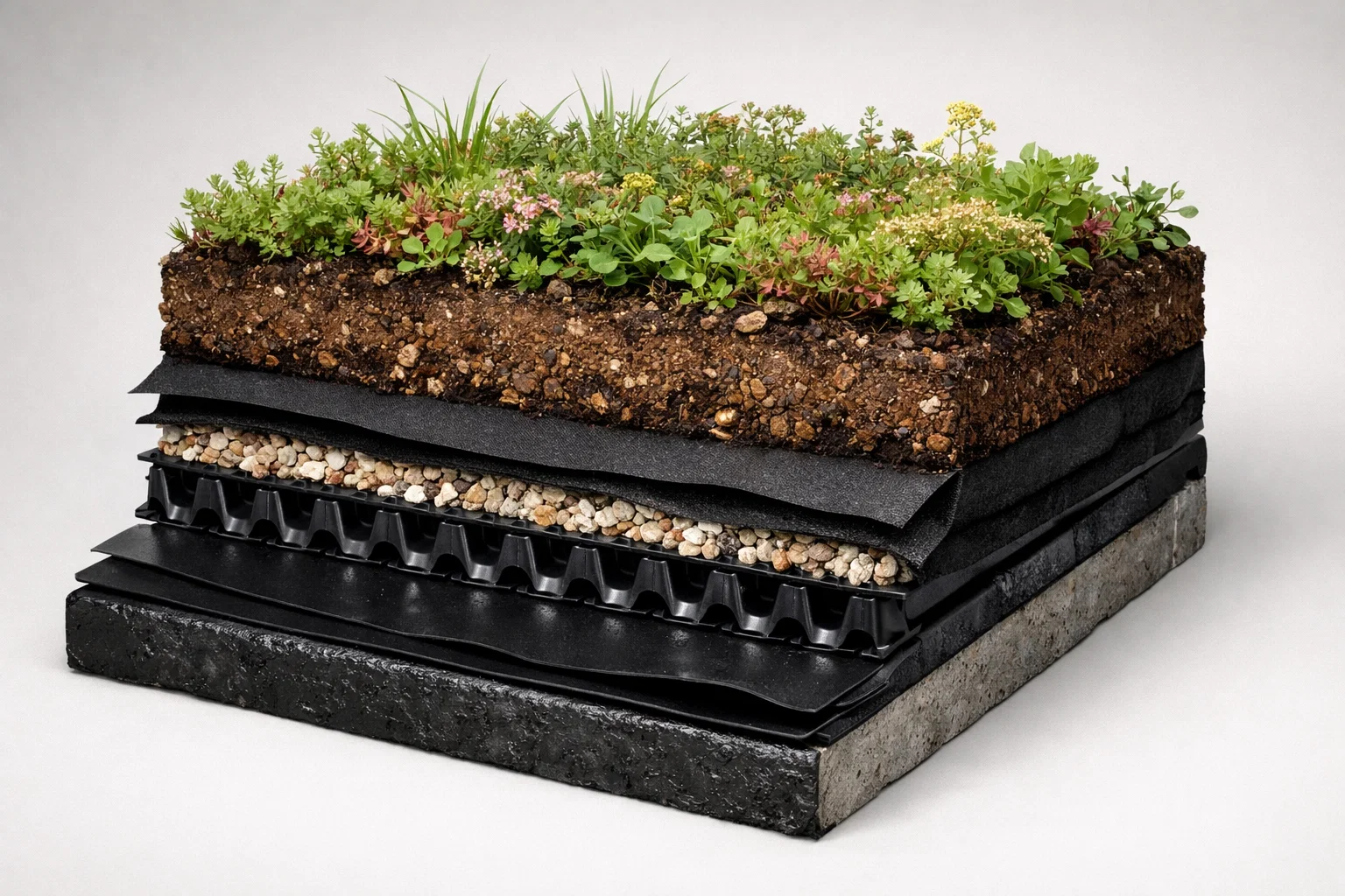 Cross-section of a green roof system showing waterproofing, drainage layers, growing medium and vegetation.