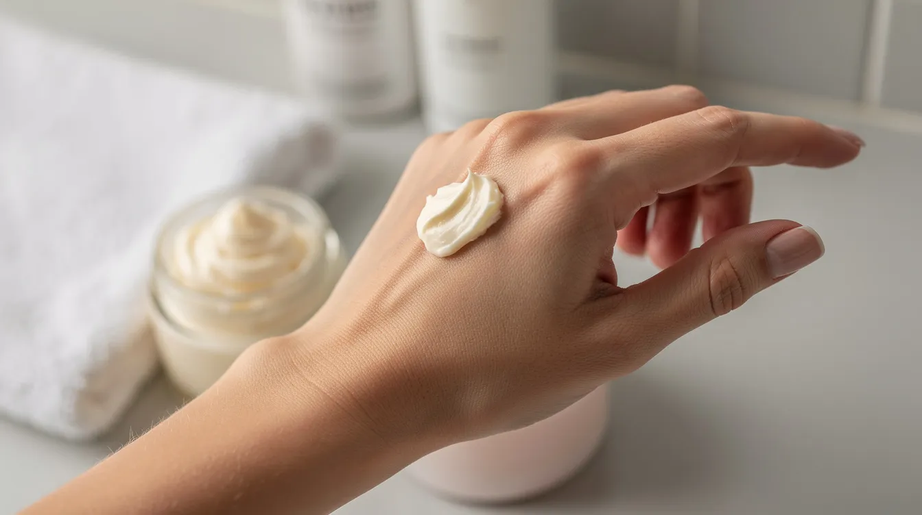 A person is gently applying a small amount of fluffy, off-white whipped shea butter onto the back of their hand, while a towel and various shower items are softly blurred in the background. This rich moisturizer is ideal for sensitive and dry skin, providing a nourishing touch.