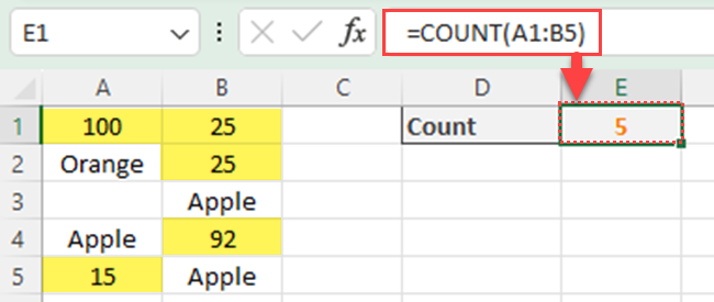 COUNT function in Excel - Simple example