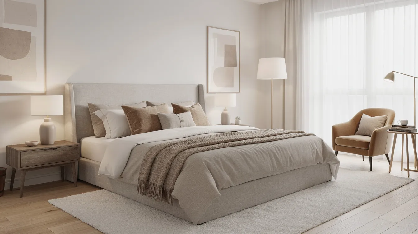 The image depicts an elegantly staged primary bedroom suite featuring layered bedding, a cozy reading nook, and soft neutral tones that create a warm and inviting atmosphere. This luxury home staging exemplifies modern interior design, appealing to potential buyers and enhancing the property's potential for a quicker sale.