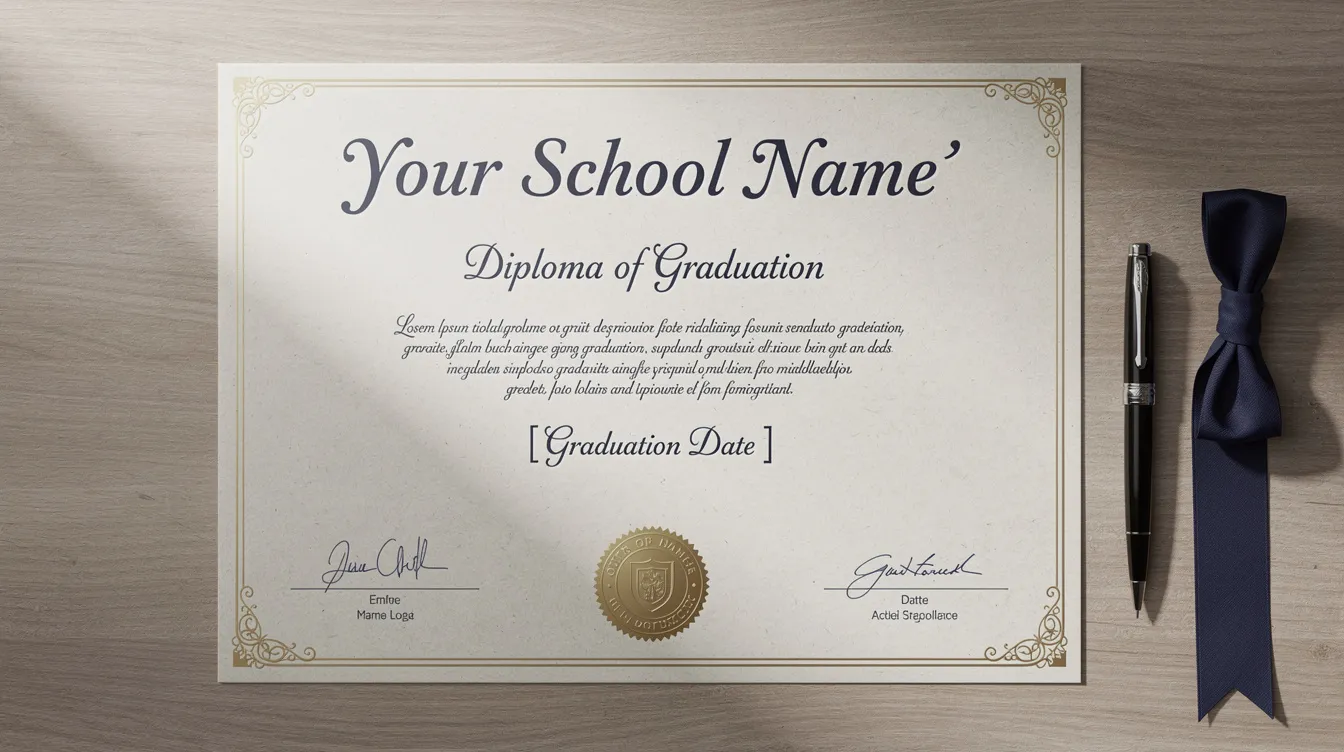 Example of a custom diploma with personalized school name and graduation date.