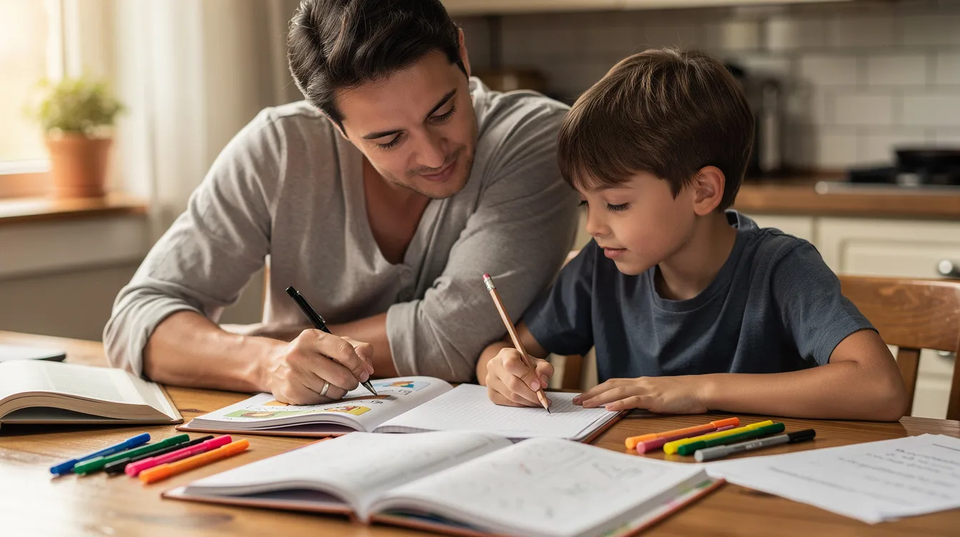 A parent and child sit together at a table, actively engaging with schoolwork, which highlights their collaborative effort to overcome academic challenges. This scene emphasizes the importance of timely support and learning strategies in fostering academic success for children with learning disabilities.