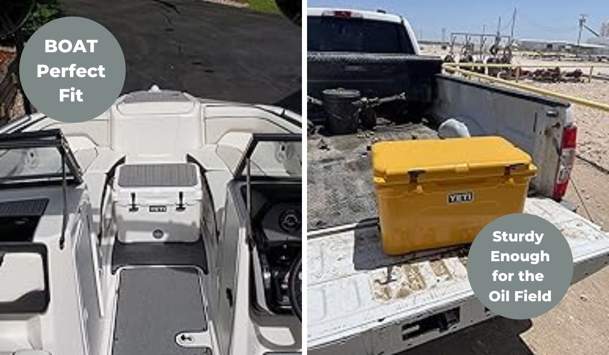 A YETI cooler being transported on a truck bed