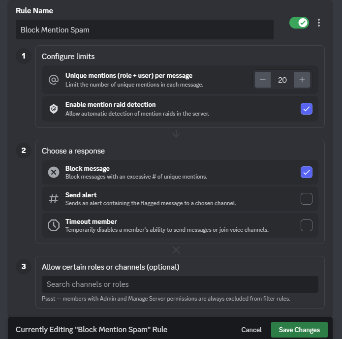 Block message, send alert, and timeout user optionfor flagged messages on Discord