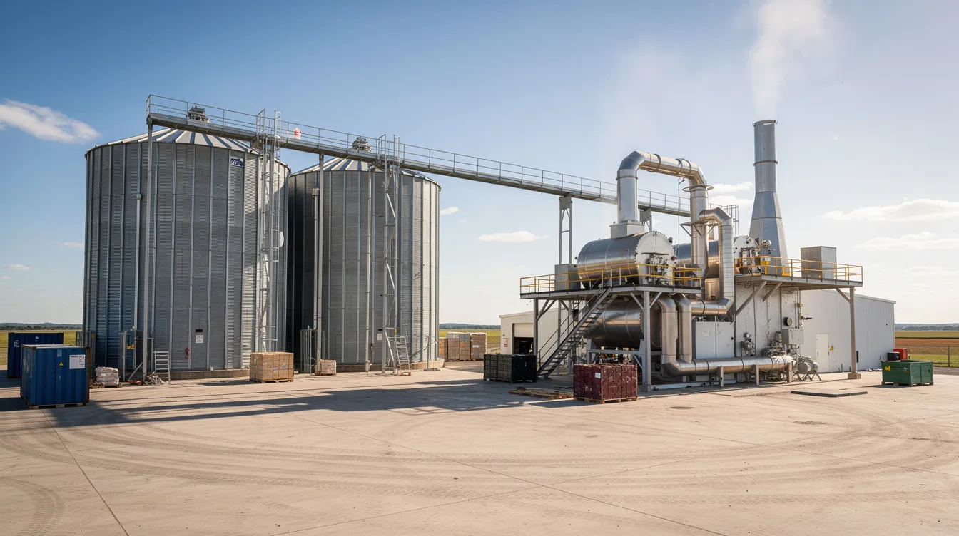 The image depicts an industrial food processing facility featuring large grain storage silos and roasting equipment set in an open yard. This setup is essential for the production of roasted chana flour, a widely consumed ingredient in India known for its quality and nutritional benefits, catering to the growing demand for plant protein and nourishing flour.