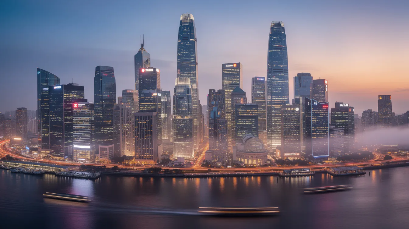 The image depicts a modern city skyline at dusk, showcasing illuminated skyscrapers that symbolize global financial centers. These towering structures represent the world's largest financial services companies, reflecting the vibrant financial landscape and the innovation within the industry.