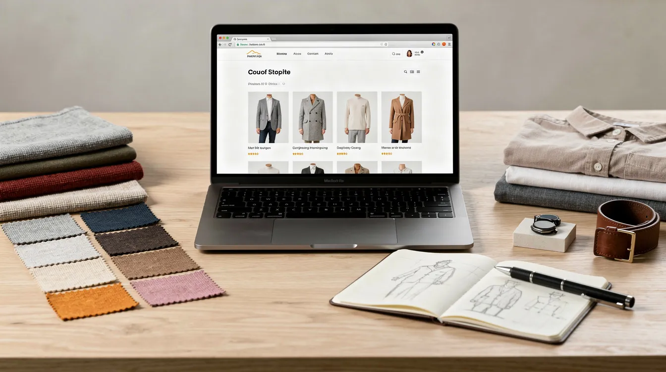 The image depicts a modern workspace desk featuring a laptop that showcases product grid layouts, accompanied by colorful fabric swatches and various product samples. This setup is ideal for fashion and apparel brands looking to enhance their online store using the best Shopify themes for 2026.