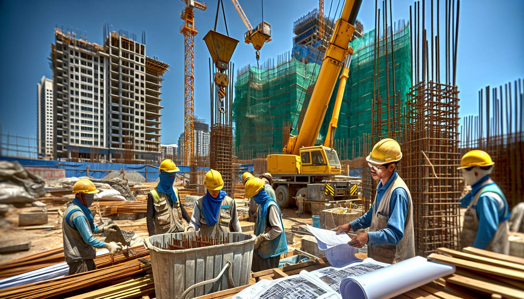 Construction site with workers and equipment