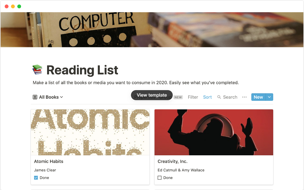 reading list notion templates
