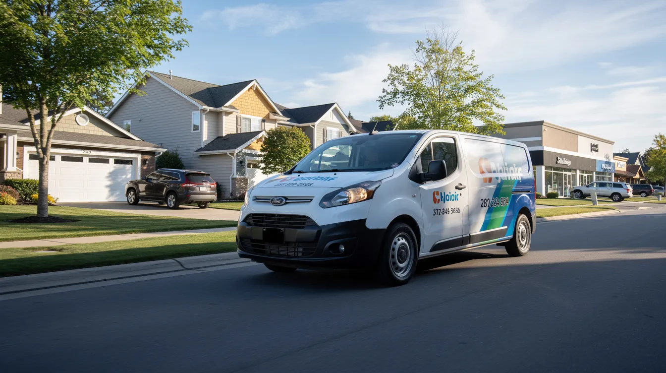 A branded service van is driving through a suburban neighborhood, showcasing a mix of residential houses and nearby commercial buildings. The scene reflects the brand's presence within the defined geographic area, highlighting the potential for franchise ownership and territory protection in the community.