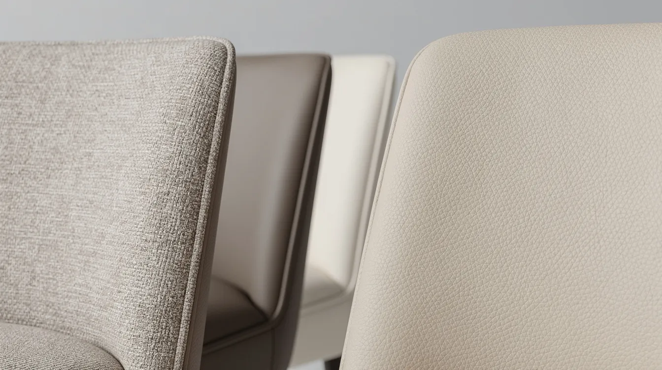 Close-up van verschillende stoffen en leren bekleding op eetkamerstoelen, gepresenteerd in neutrale tinten. Deze eetkamerstoelen bieden een ideale combinatie van comfort en stijl, perfect voor elke eetruimte.