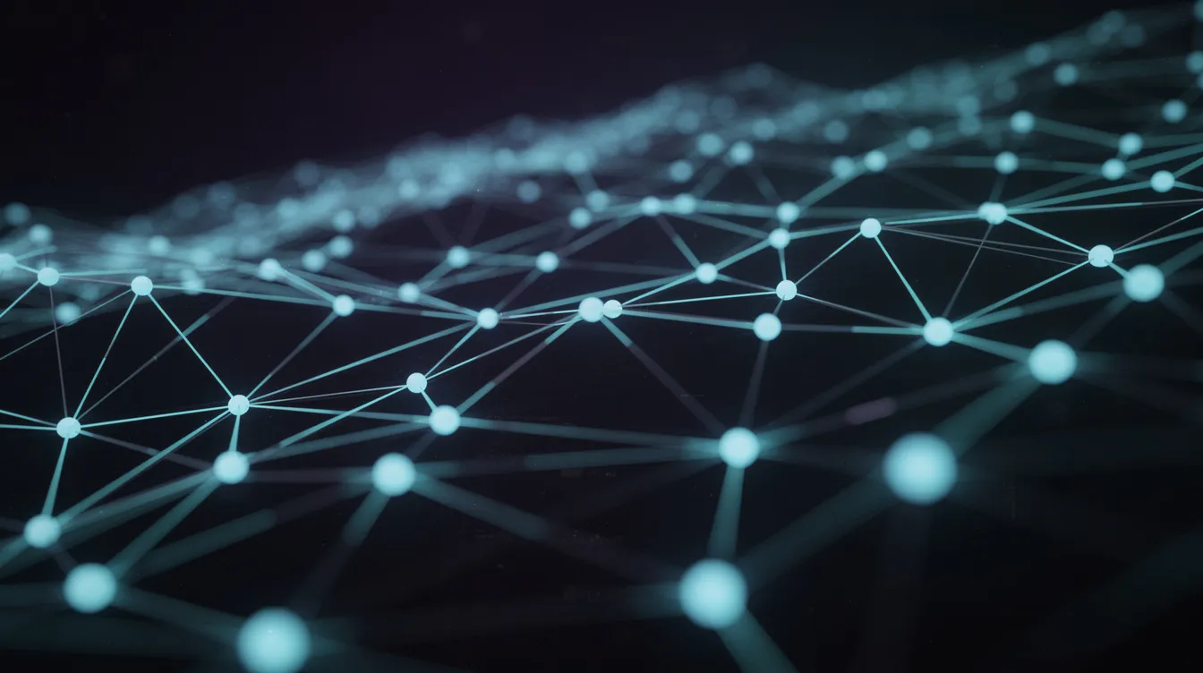 The image depicts an abstract representation of glowing interconnected nodes, symbolizing a network within a dark digital space, which evokes the foundational infrastructure of layer 1 blockchains. This visual metaphor highlights the robust security and high transaction throughput essential for executing transactions in decentralized systems, enhancing the overall efficiency of blockchain technology.