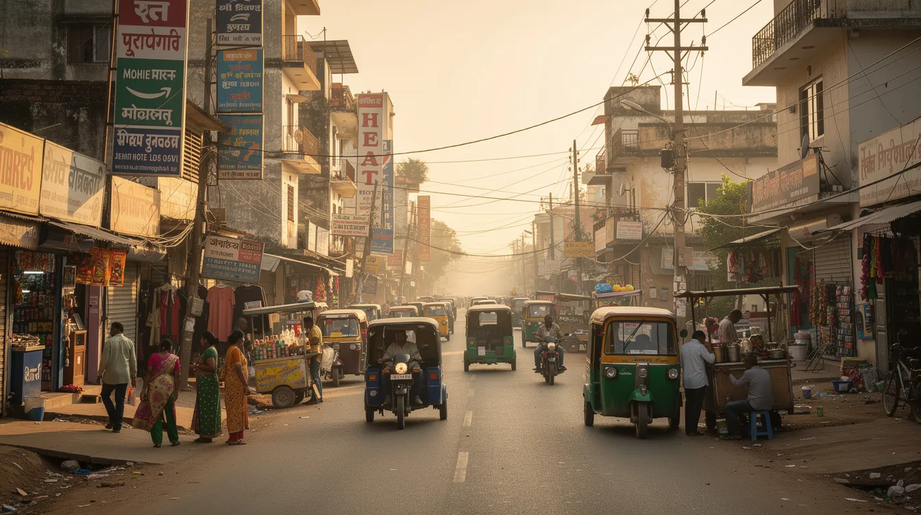 b84978bc 8ced 4a5a a255 2700af0dce30 The image depicts a bustling commercial area in a tier-2 Indian city, featuring various shops and small hotels along a busy main road, highlighting the market demand and potential for hotel projects in the hospitality industry. This vibrant scene reflects the economic viability and market dynamics essential for a comprehensive hotel feasibility study.