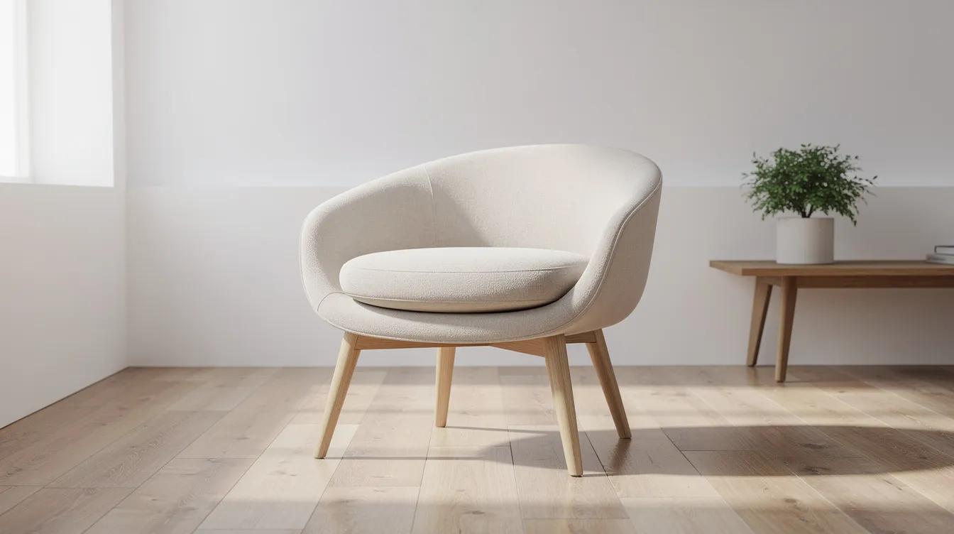 En modern rund fåtölj i beige tyg står på smala träben i ett minimalistiskt rum, vilket ger en stilren och luftig känsla. Fåtöljen är både funktionell och dekorativ, perfekt för att skapa en mysig atmosfär i vardagsrummet.