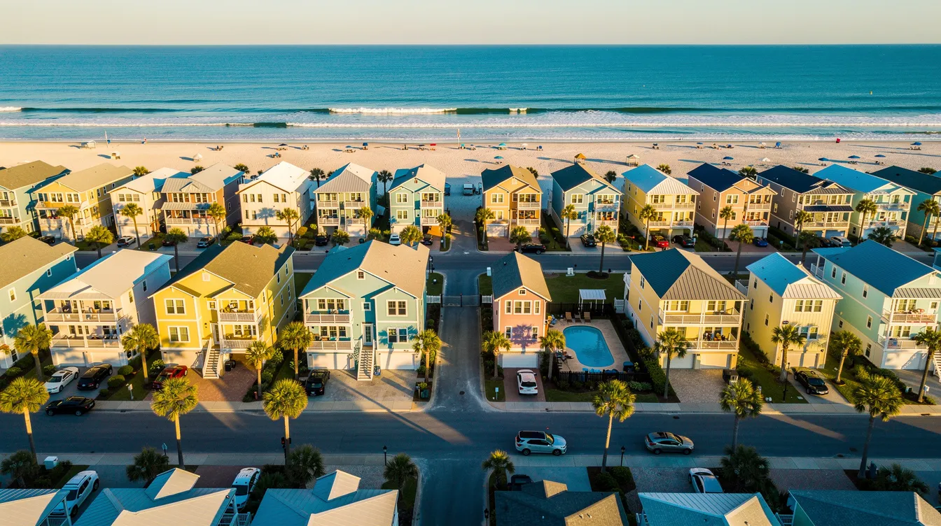 An aerial view showcases a vibrant coastal town dotted with vacation rental beach houses and palm trees lining the residential streets, highlighting the potential for successful Airbnb investing and rental income in this picturesque location. The scene emphasizes the appeal of investment properties in a high-demand market, ideal for Airbnb hosts and real estate investors seeking passive income.
