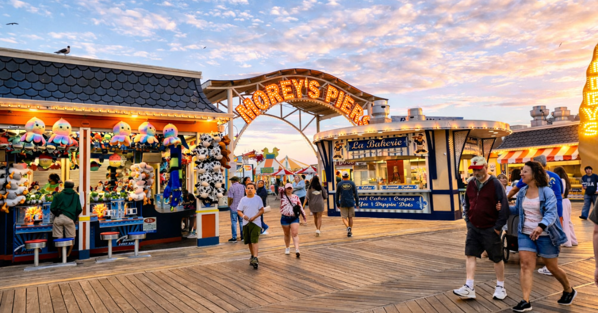 Families walking through the Morey's Piers entrance on the Wildwood boardwalk at sunset, with arcade games and boardwalk dining along the famous Wildwood New Jersey amusement pier