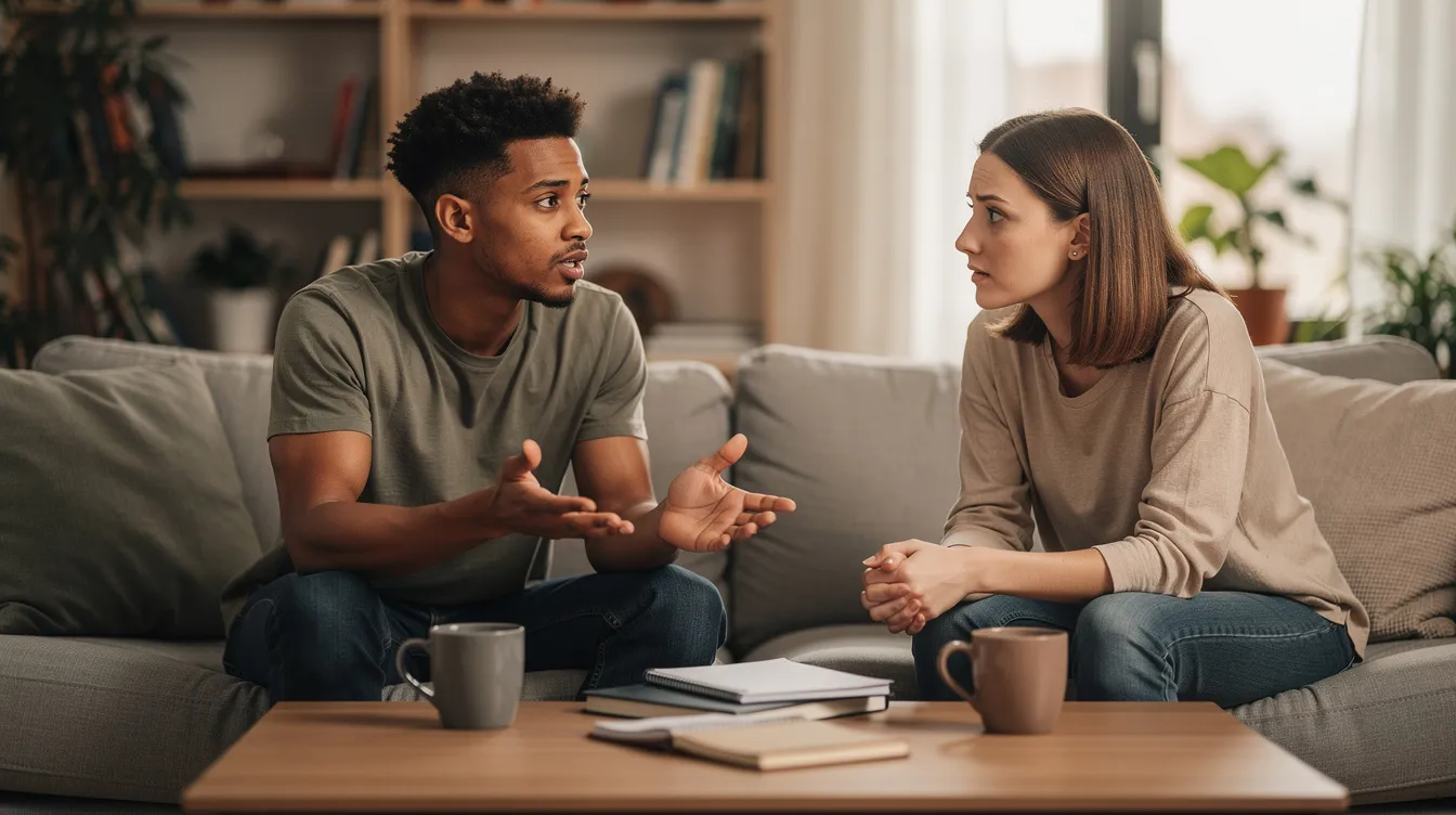 A couple is engaged in a thoughtful conversation about setting healthy boundaries in their relationship, emphasizing the importance of personal space and self-respect for their mental health and well-being. They are reflecting on their own needs and how to communicate them effectively to support each other's personal growth.