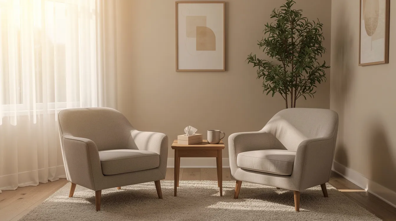 The image depicts a serene therapy office featuring two comfortable chairs bathed in soft natural light, creating a welcoming environment for mental health discussions. This space is designed for individuals or couples seeking professional help to address mental health struggles and improve their relationship.