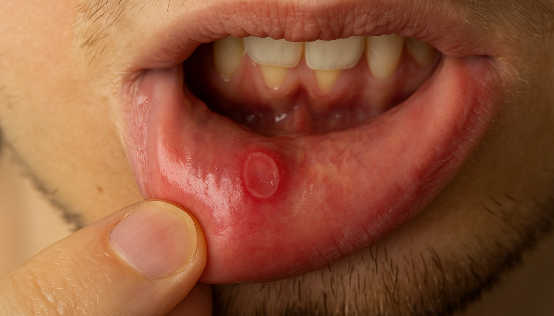 Sår i munnen når små blemmer blir et stort problem 11 Rød og irritert blemme på innsiden av underleppen vist i nærbilde.