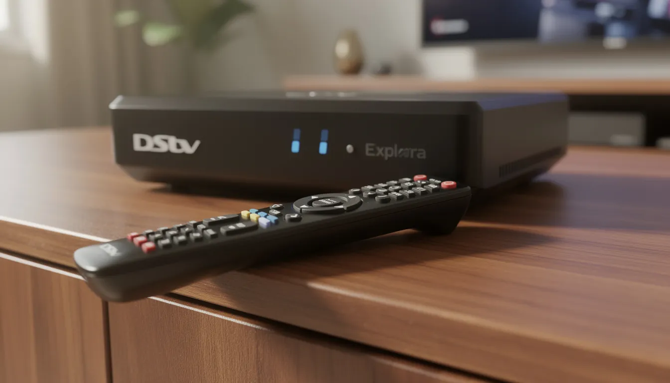 A close-up image shows a DStv Explora decoder and its remote control neatly placed on a wooden TV cabinet, highlighting the sleek design of the decoder which is essential for accessing various DStv packages. This setup is ideal for viewers in Great Brak River looking for efficient DStv installation services and reliable entertainment options.