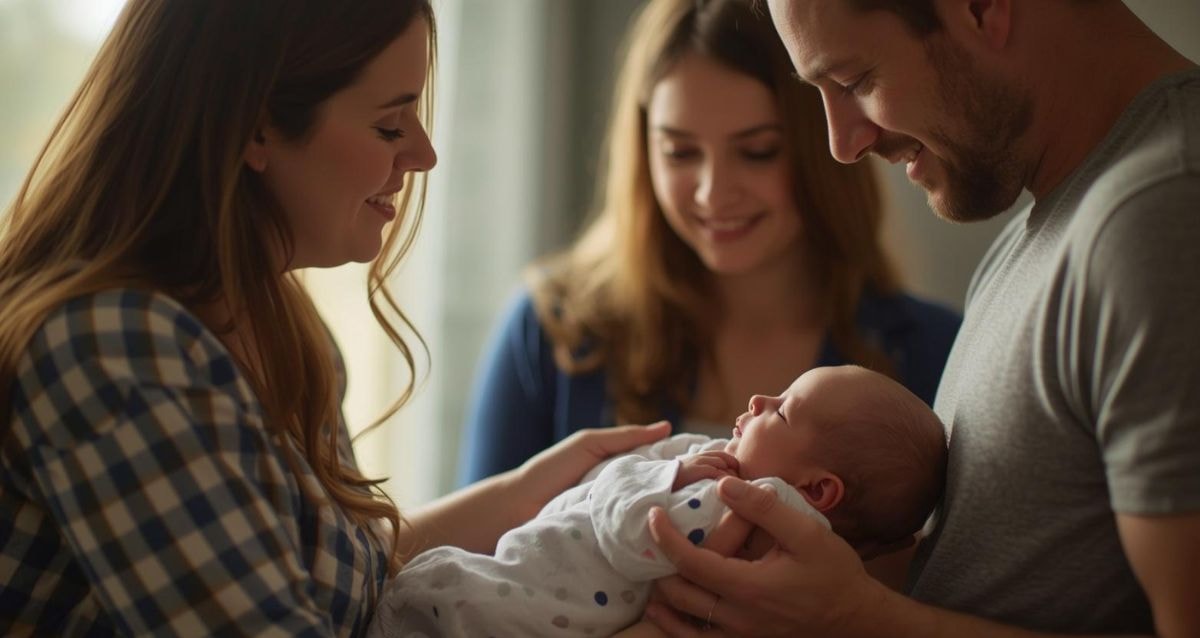 Intended parents bonding with their newborn while their surrogate looks on